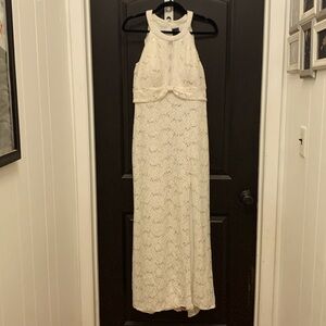NW Nightway Sz 10P formal halter ivory sequined maxi dress gold sequins.